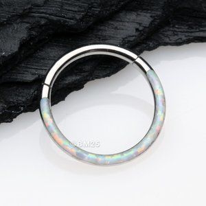 COPY - Brilliant Fire Opal Lined Front Facing Seamless Clicker Hoop Ring - White
